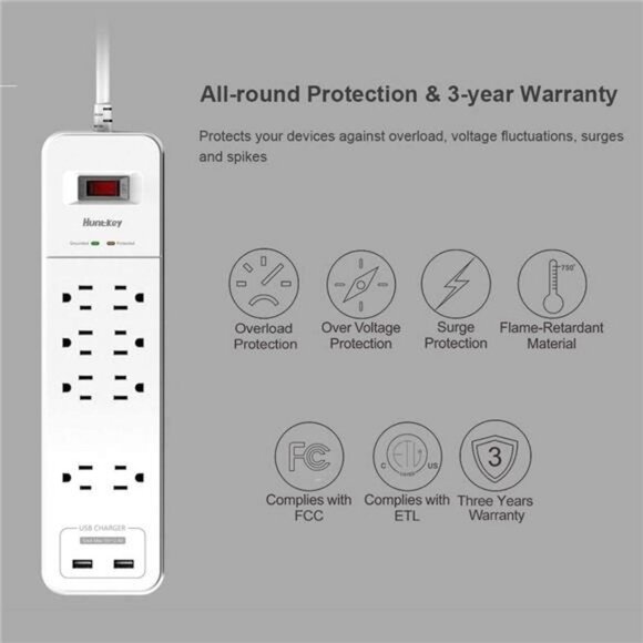 8 Outlets Power Strip Surge Protector, 2 USB Ports Powerstrip 6-Foot - Picture 7 of 7